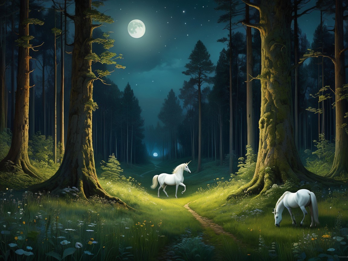 Unicorns in a Moonlit Forest with Vibrant Flora