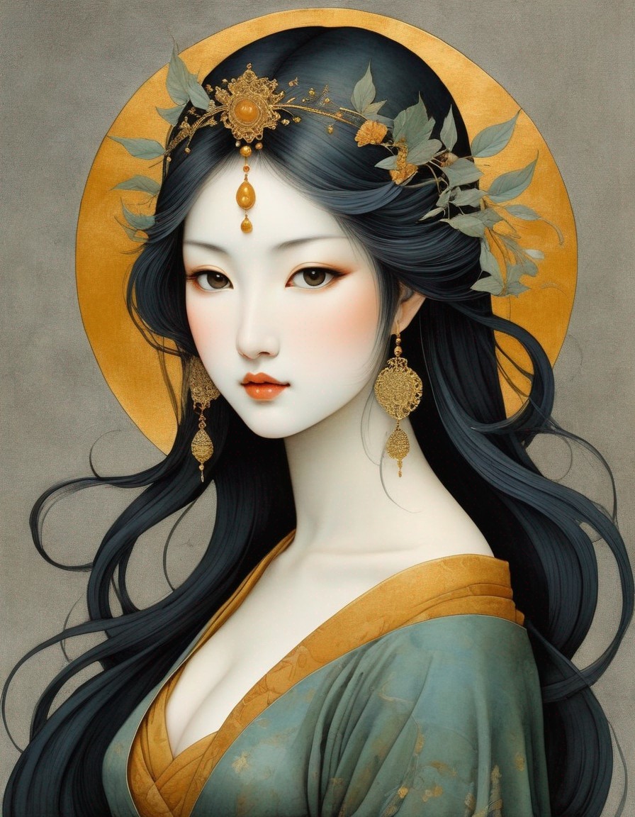 Ethereal Woman in Blue and Gold with Floral Accents