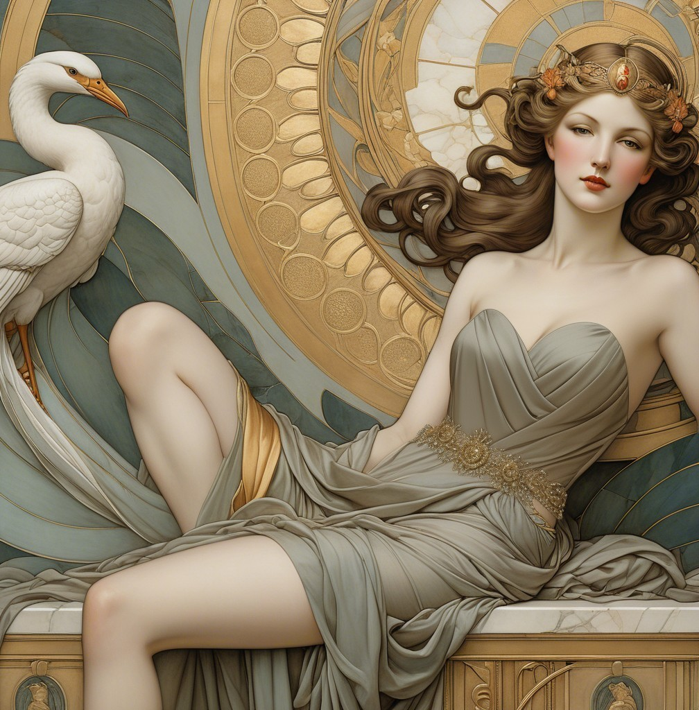 Serene Woman in Elegant Gown with White Swan