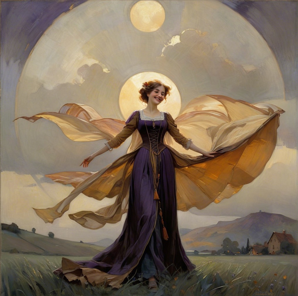 Woman in Purple Gown in Serene Landscape Setting