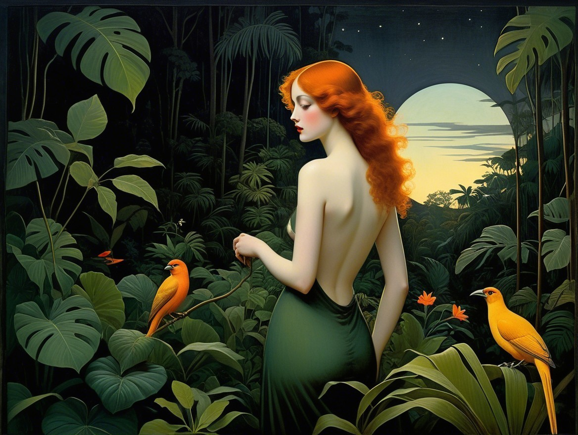 Young Woman in Green Dress in Jungle Scene