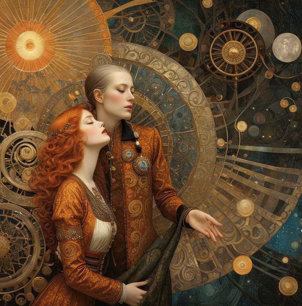 Ethereal Women in Celestial Patterns and Art Nouveau Style