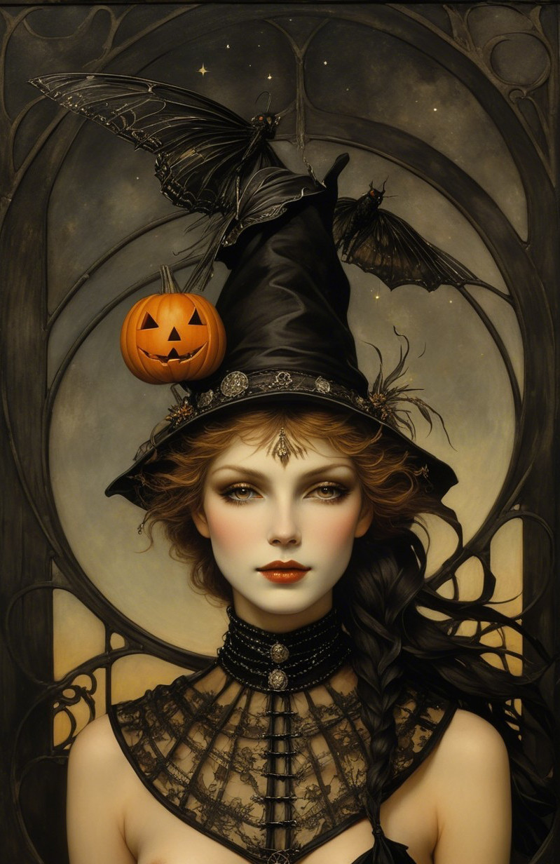 Elegant Witch with Pumpkin Hat and Mystical Atmosphere