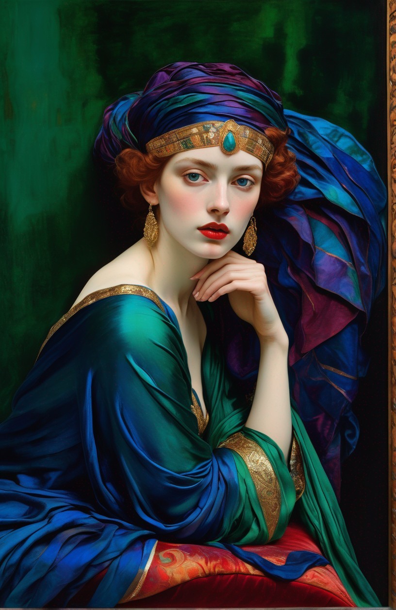 Red-haired woman in blue and gold dress with jeweled headdress on green background