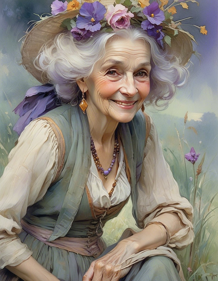 Elderly Woman in Vintage Dress Surrounded by Flowers