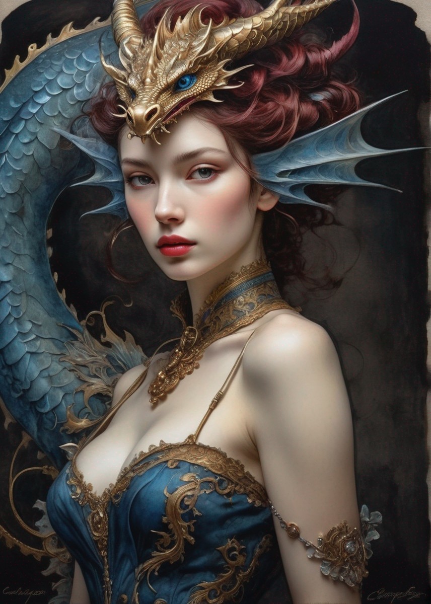 Fantasy illustration of woman in gold and blue clothing with dragon companion.