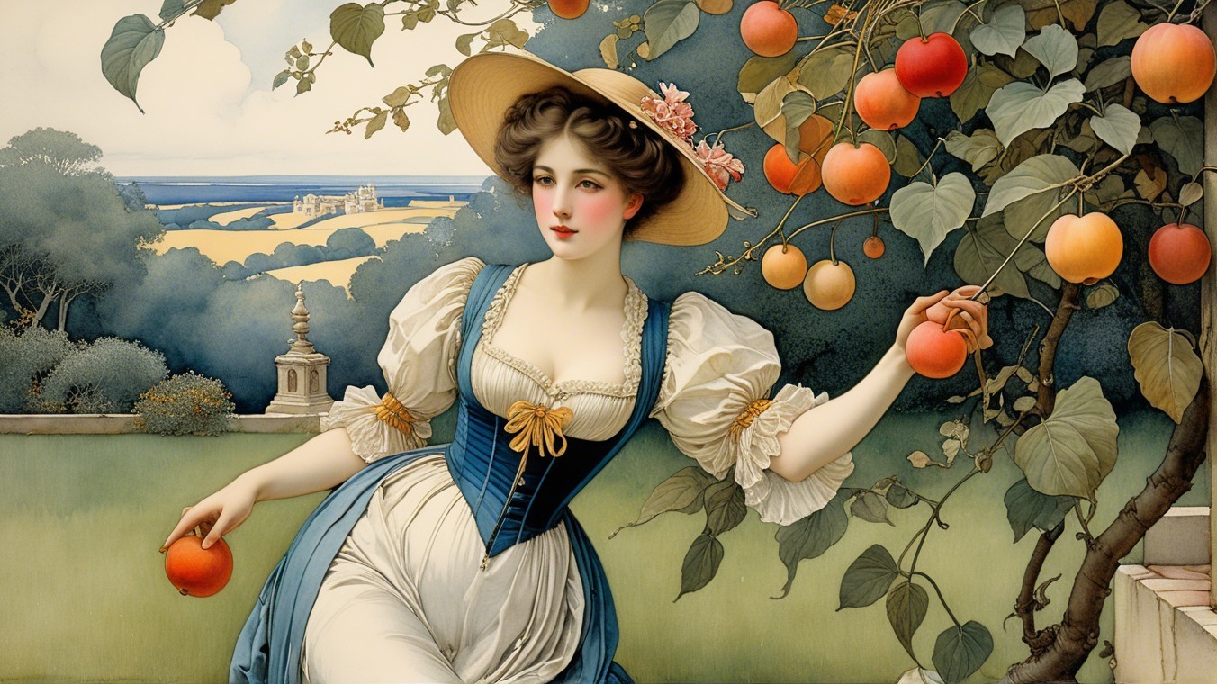 Young Woman in Vintage Dress Under Apple Tree