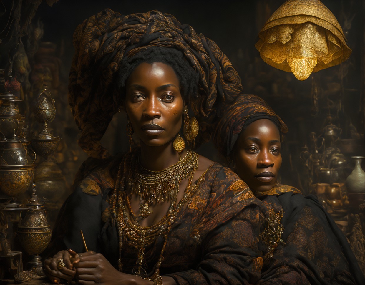 Portrait of Dark-Skinned Women with Gold Accents