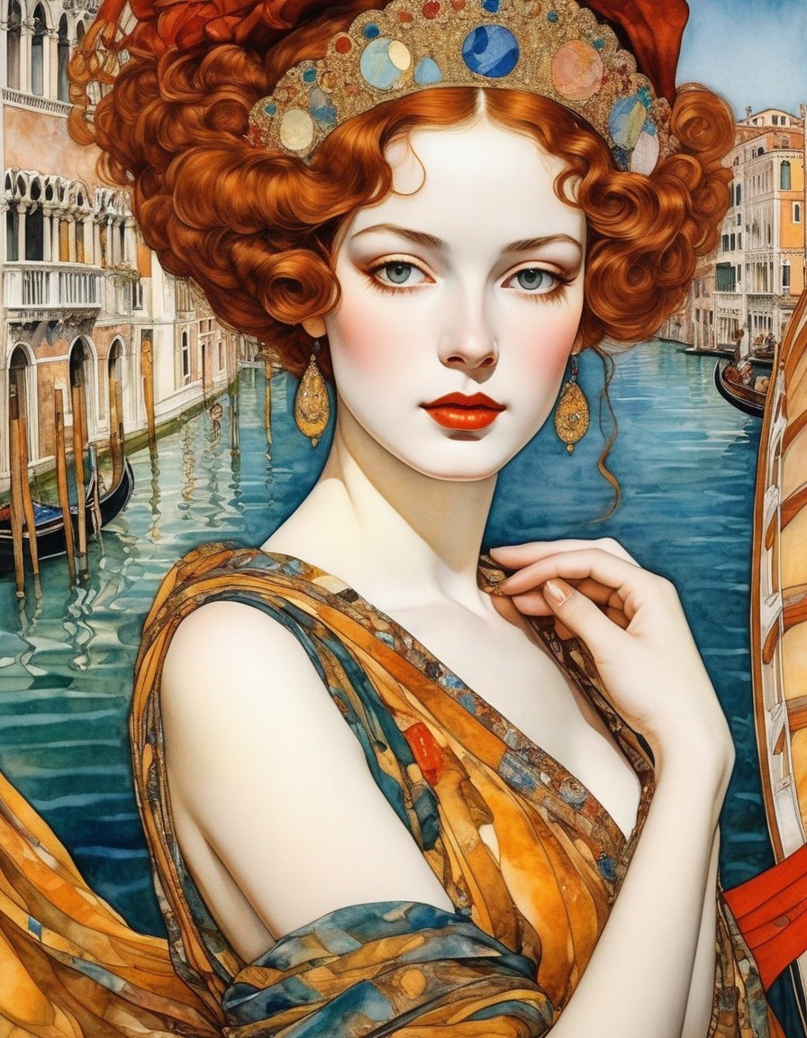 Stylized illustration of woman with red curly hair against Venice canal.