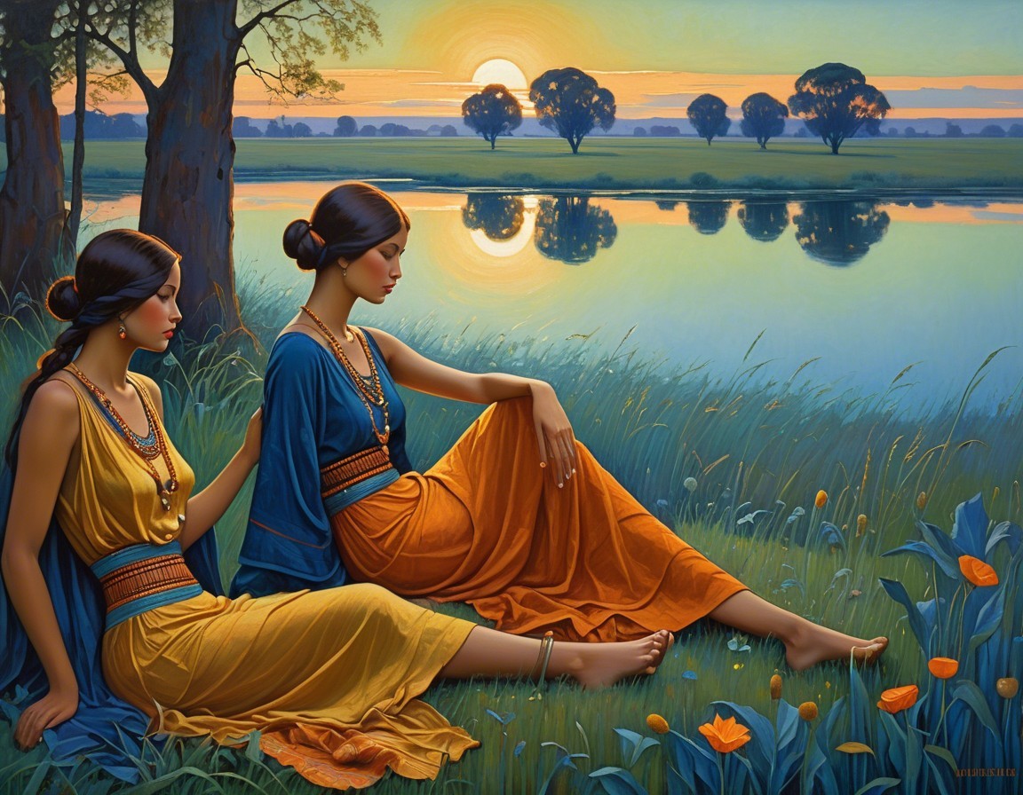 Women by a tranquil river at sunset in nature