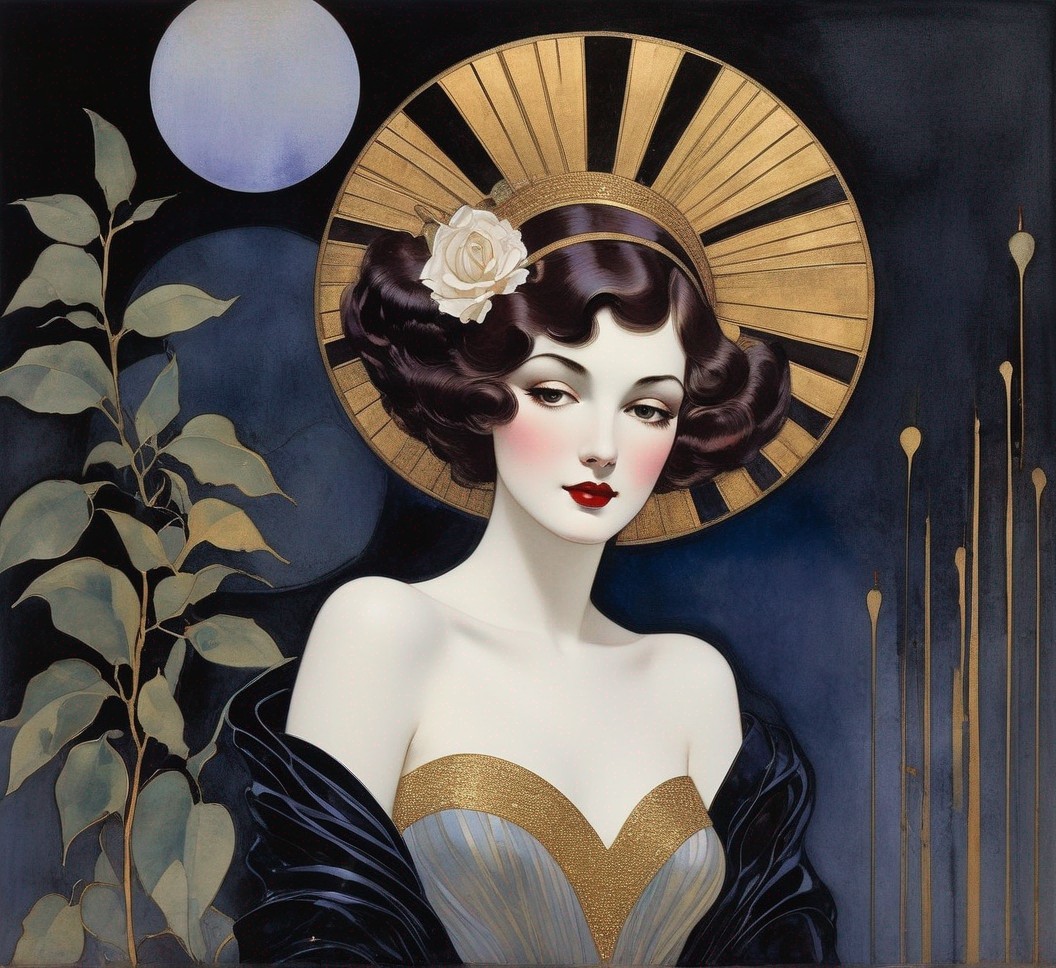 Art Deco Illustration of Woman with Golden Halo