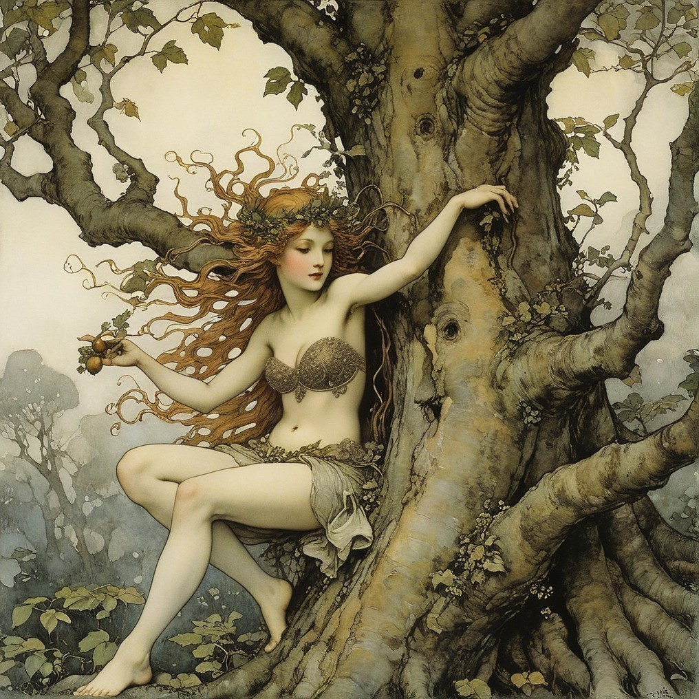 Mythical Figure in Nature by a Gnarled Tree