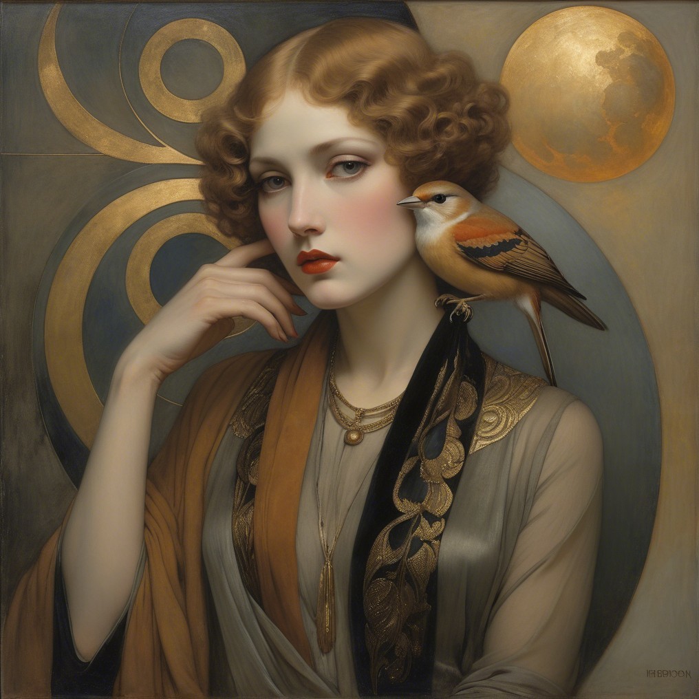 Thoughtful Woman with Bird in Artistic Background