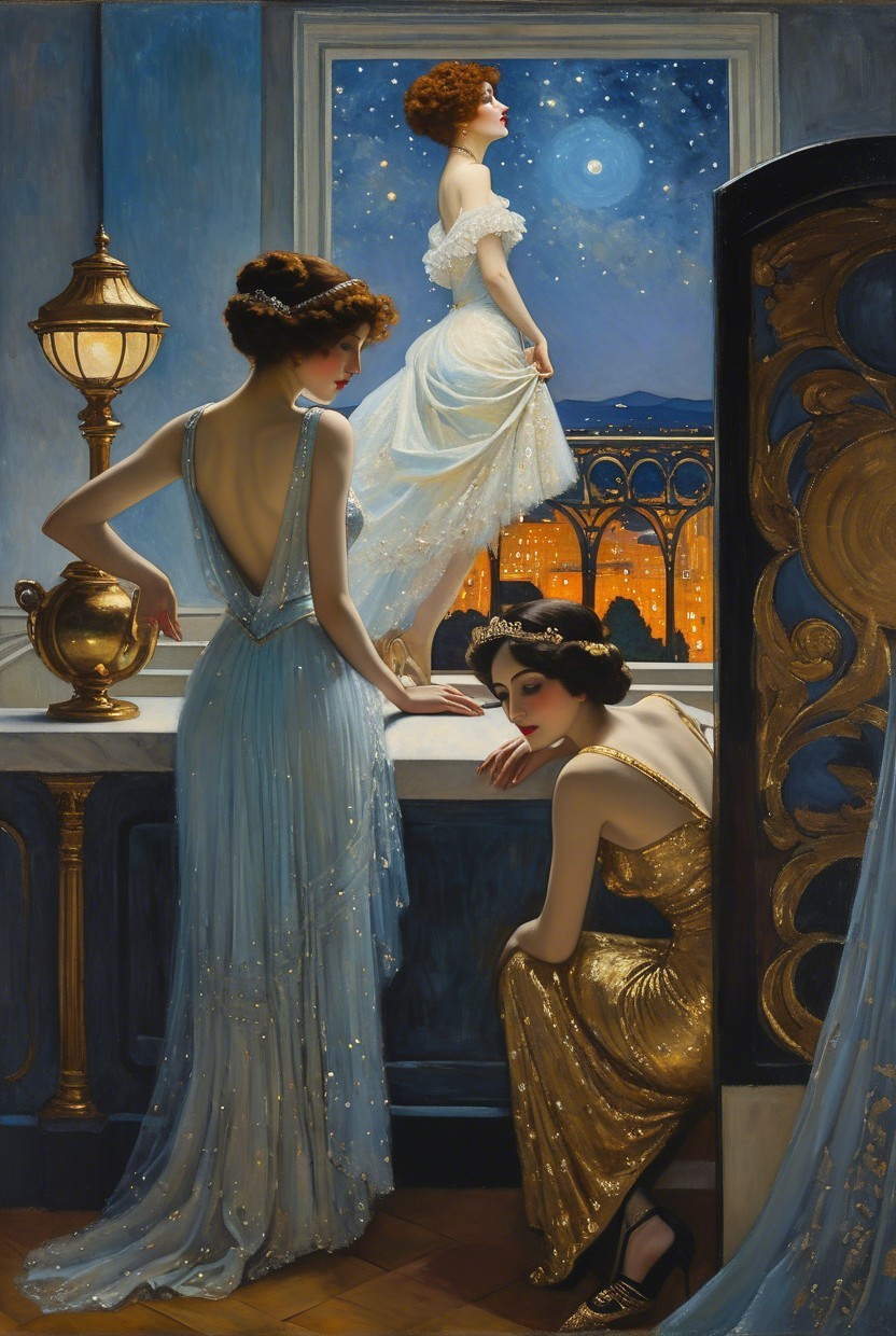Elegantly Dressed Women in Luxurious Room Setting