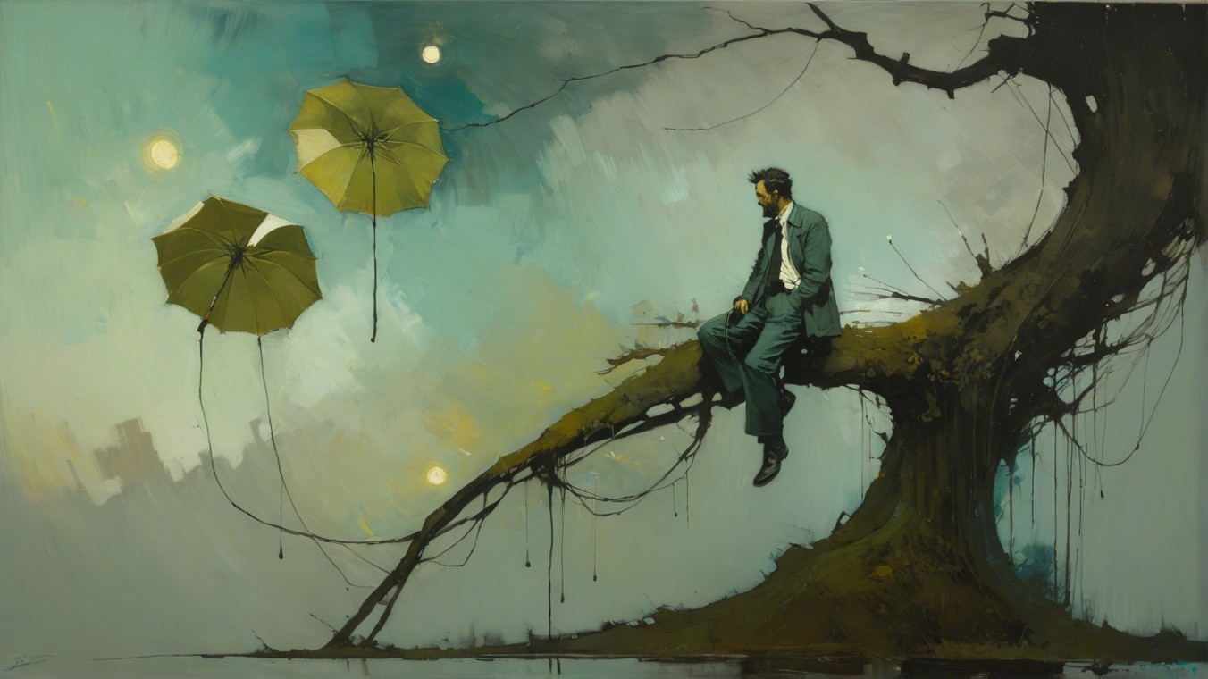 Solitary Figure on Branch with Floating Umbrellas