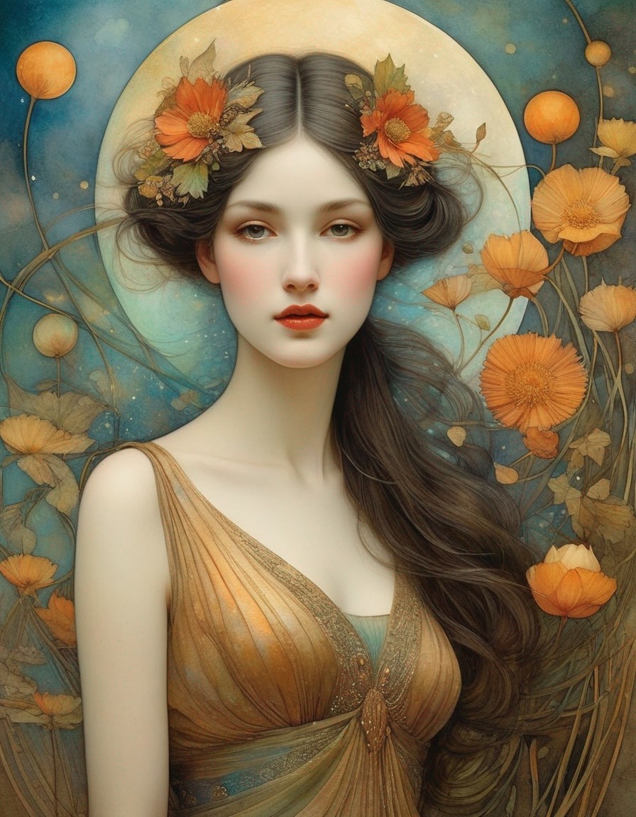 Portrait of woman with pale skin, dark hair, golden dress, and floral motifs.
