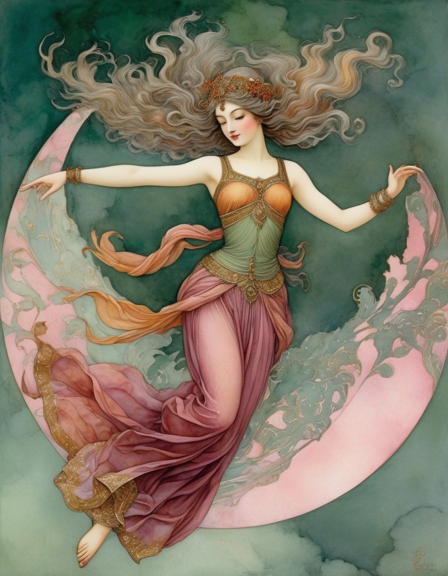 Ethereal Woman Dancing in a Crescent Moon Aura