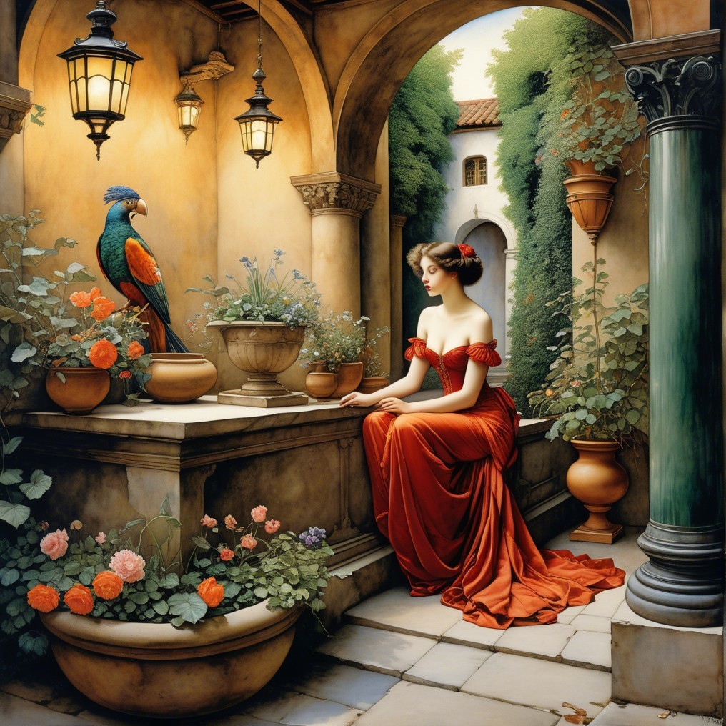 Serene courtyard scene with woman in red dress and parrot