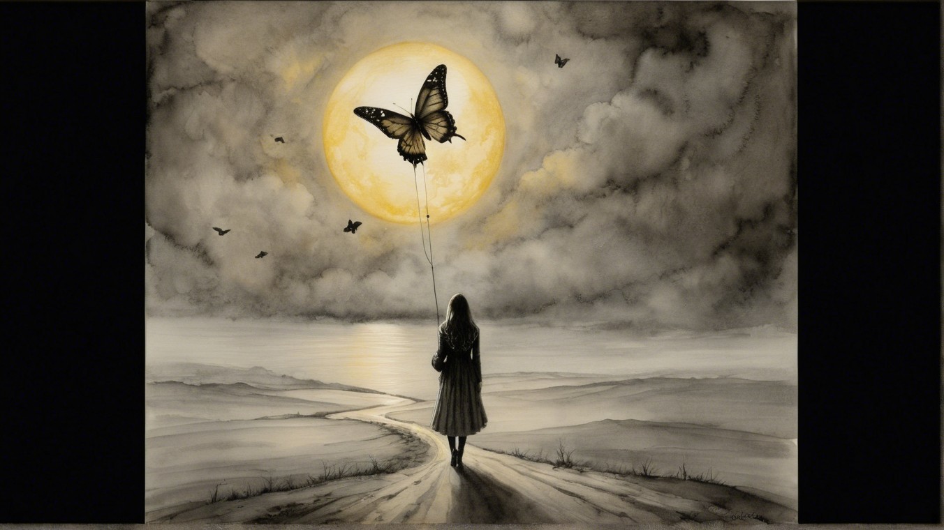 Solitary Figure on Winding Path Under Luminous Moon