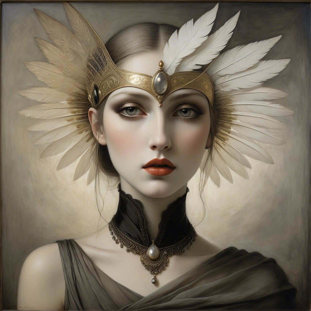 Elegant Woman with Feathered Headdress and Choker