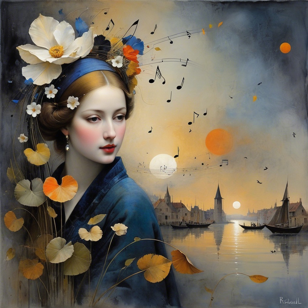 Serene Portrait of a Woman with Flowers at Sunset