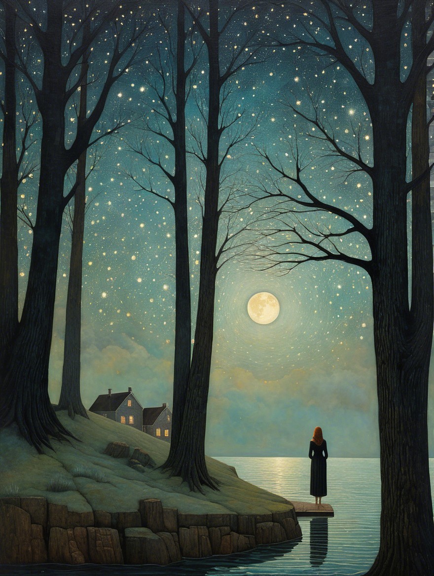 Serene Night Scene with Moonlit Lake and Trees
