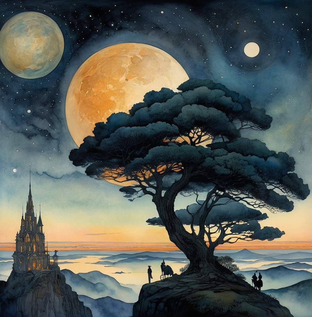 Majestic Castle and Tree Under Starry Twilight Sky