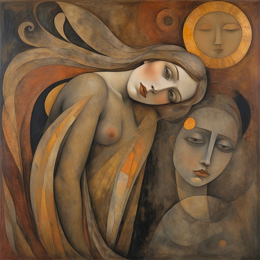 Stylized Figures in Ethereal Artwork with Warm Tones