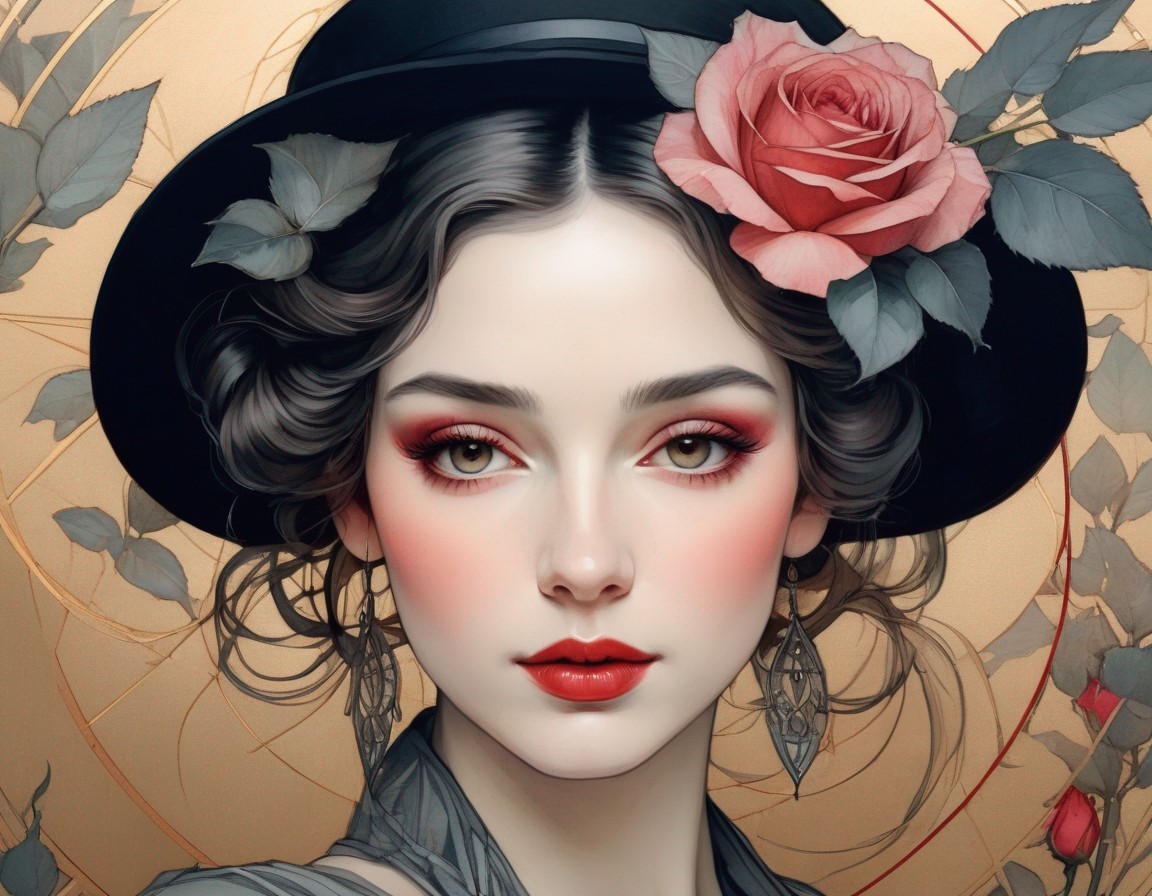 Portrait of a woman with red makeup and black hat