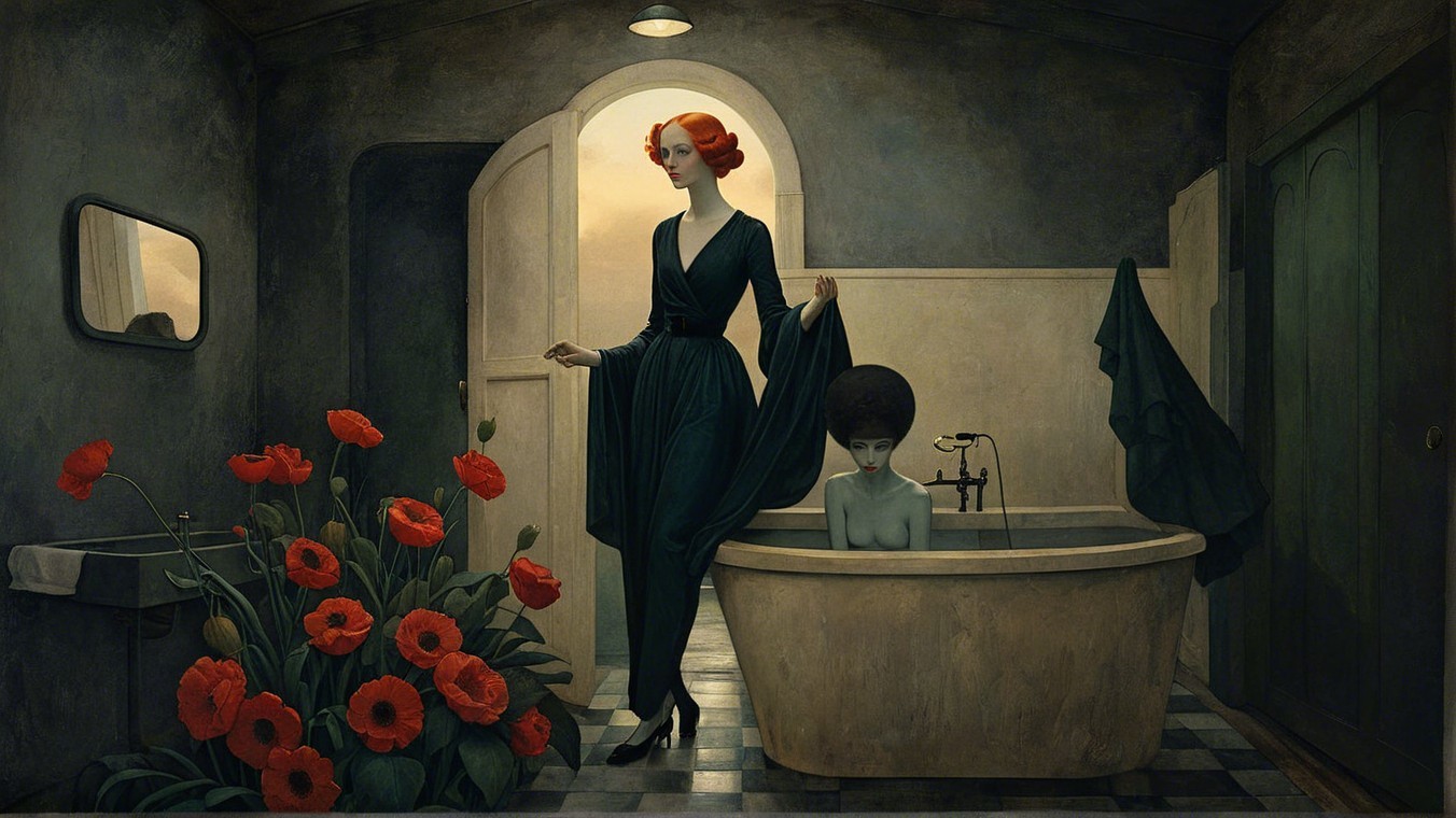 Figures in a Dimly Lit Bathroom with Vintage Bathtub