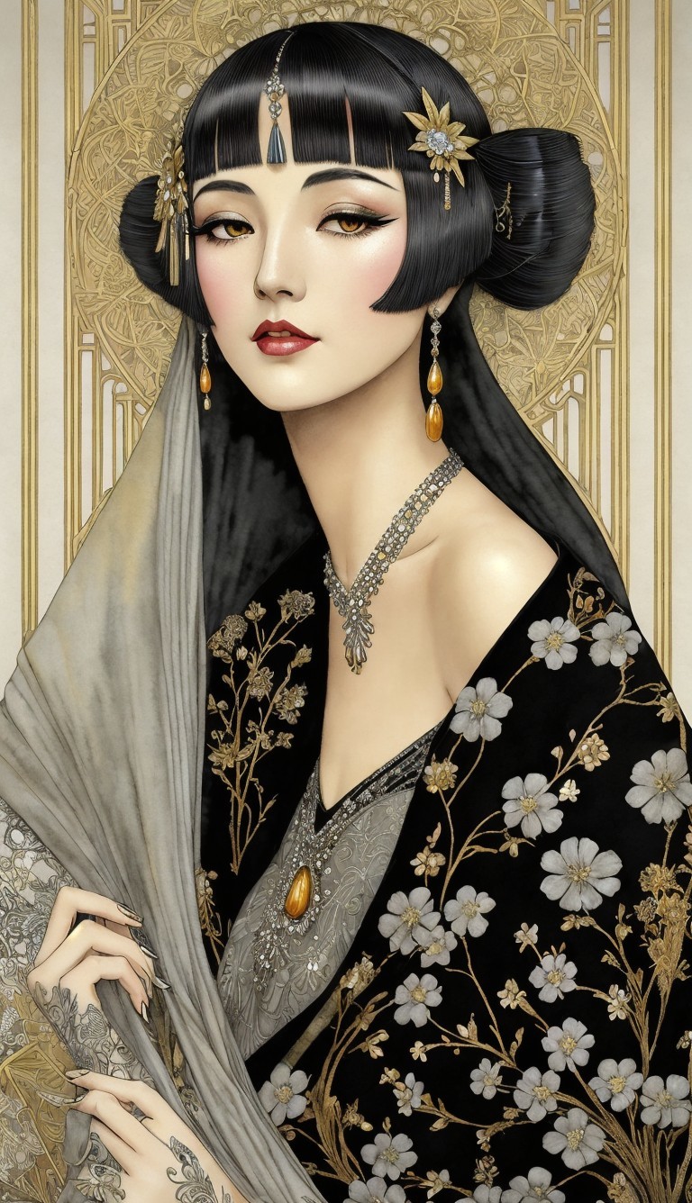 Portrait of a Woman in Black Kimono with Floral Patterns