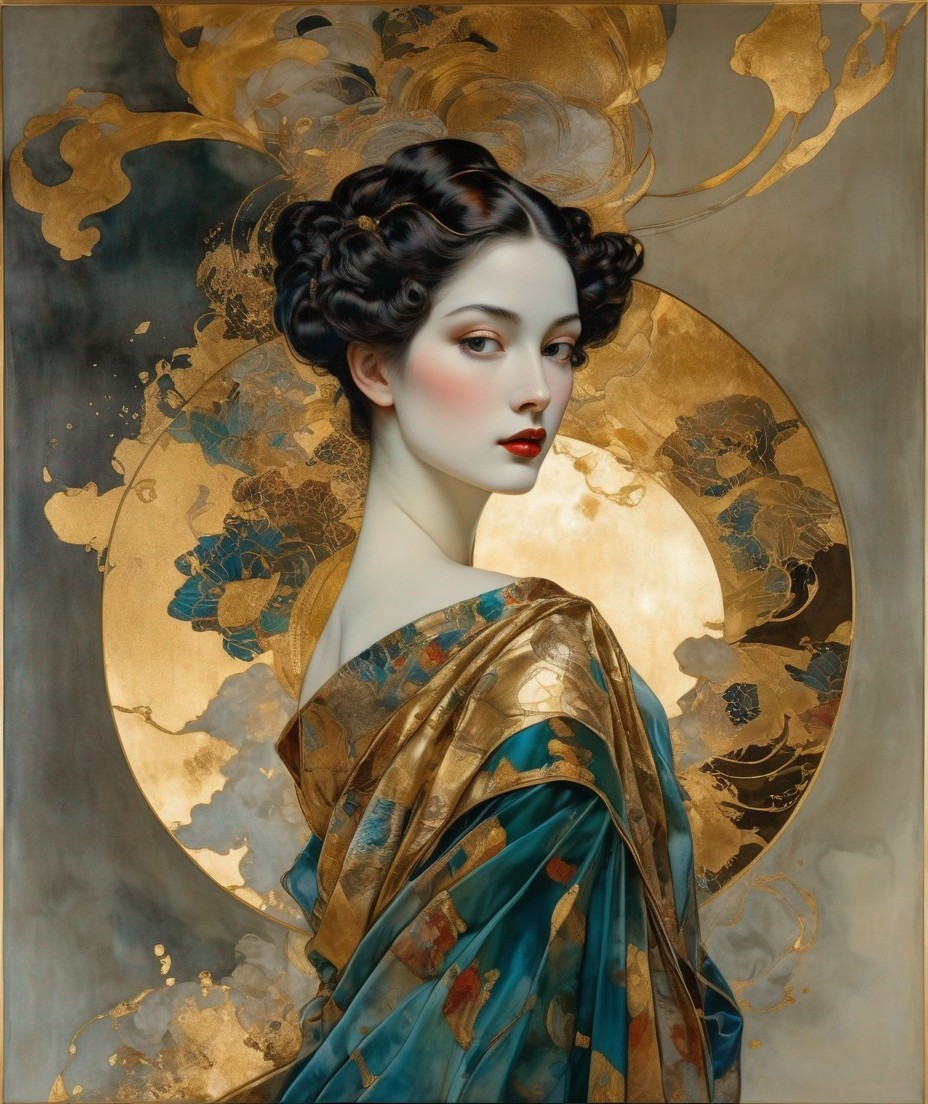 Elegant woman with red lips and teal shawl against moon and gold motifs