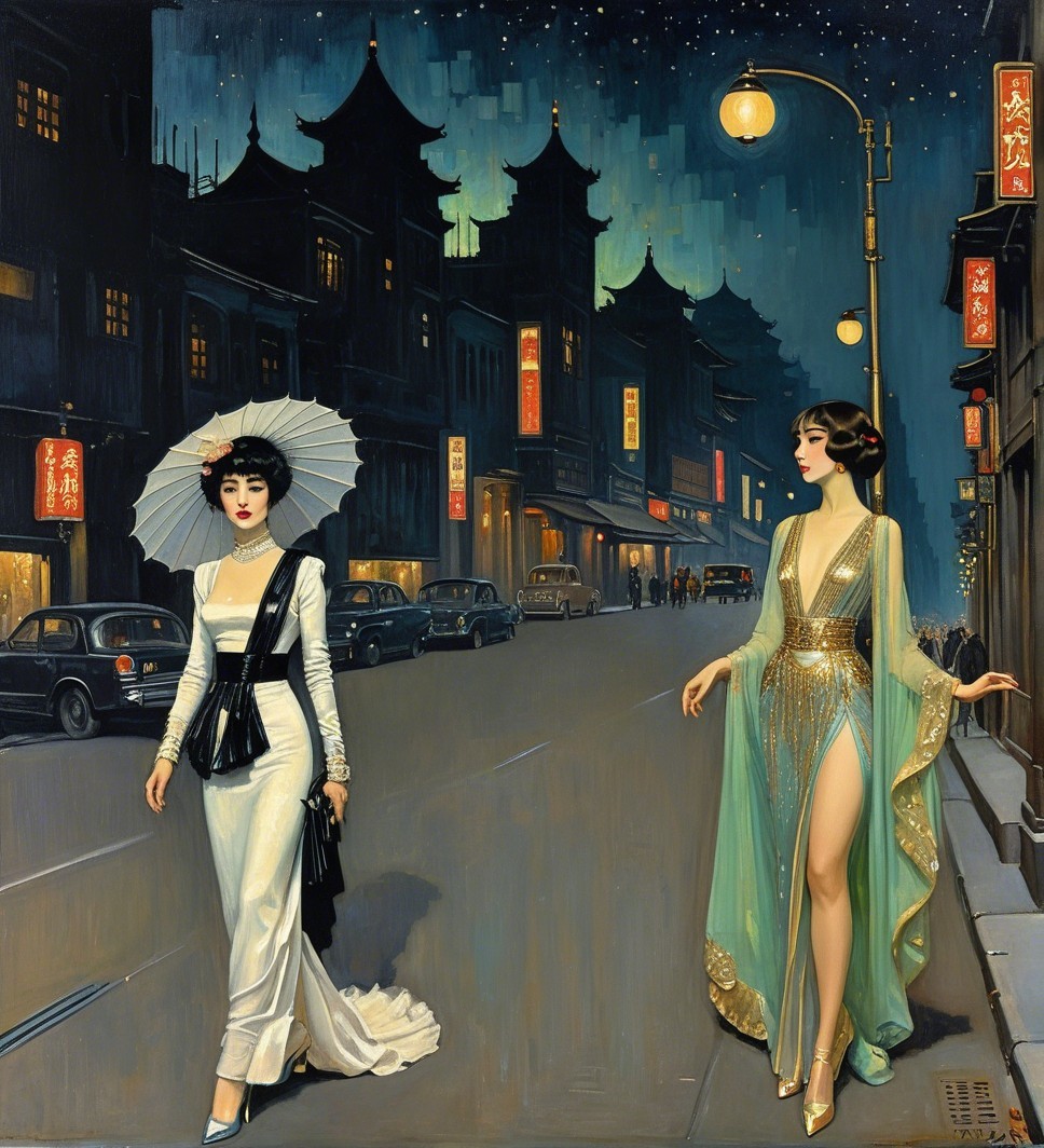 Vintage Glamour in a Moonlit Street Scene