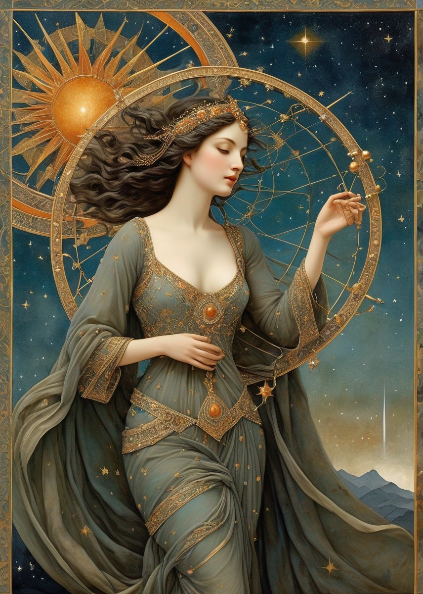 Serene Woman in Gown Against Celestial Background