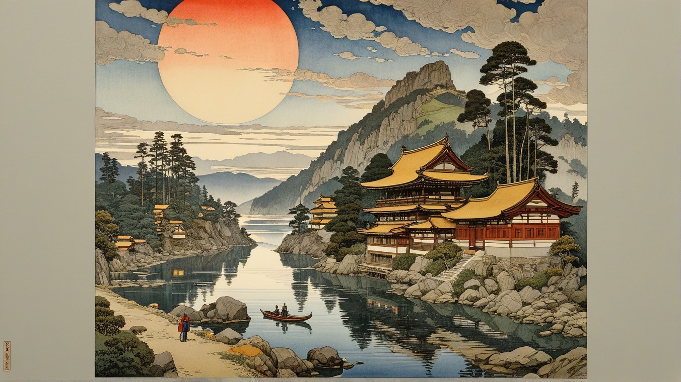 Japanese Temple by Calm River at Sunset