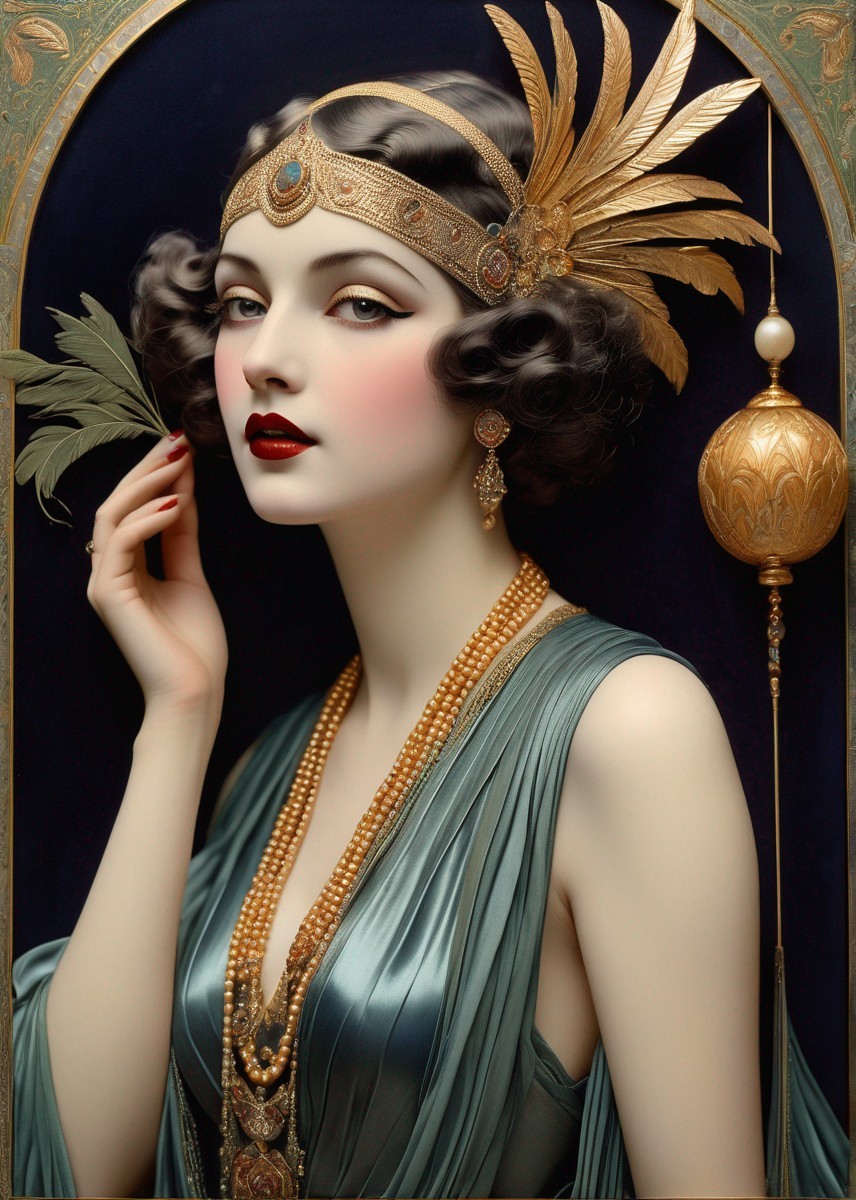 Art Deco Style Woman in Beaded Headpiece and Gown