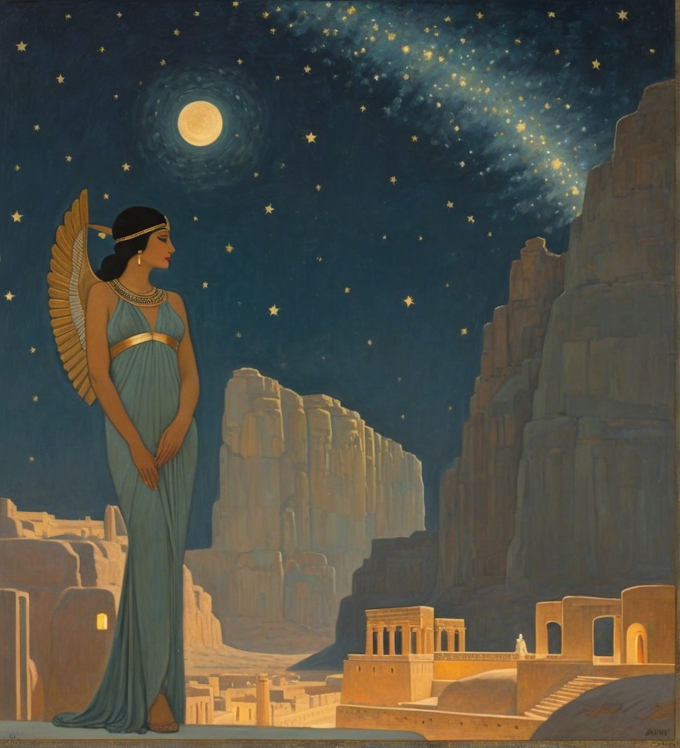 Serene Woman with Wings in Mystical Desert Landscape
