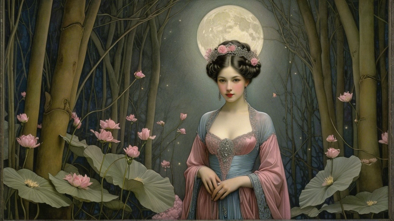 Young Woman in Moonlit Forest with Lotus Flowers