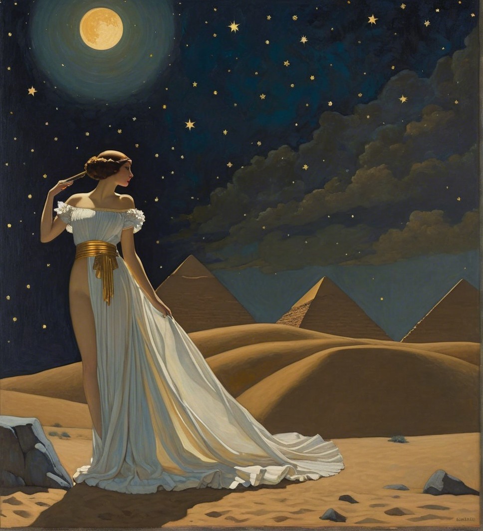 Graceful Figure in White Gown Under Starry Sky