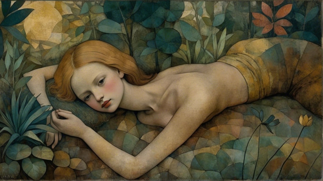Serene Young Woman Reclining Among Leaves and Plants