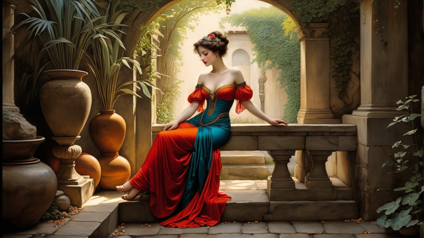 Elegant woman in vibrant dress amid greenery and architecture