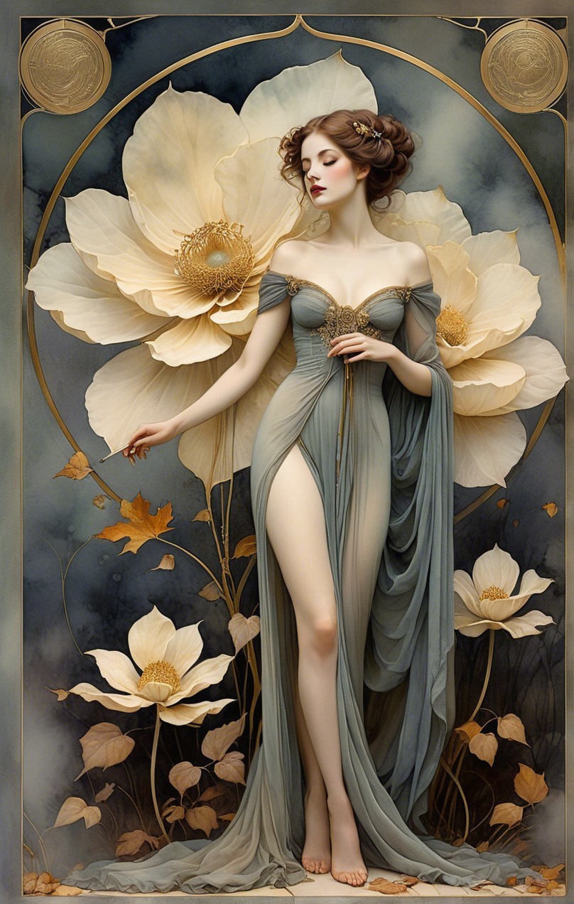 Elegant figure surrounded by soft floral blooms