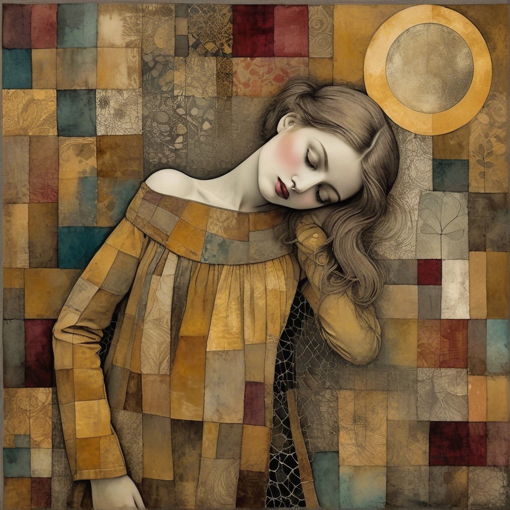 Serene girl in vibrant patchwork garment with sun backdrop