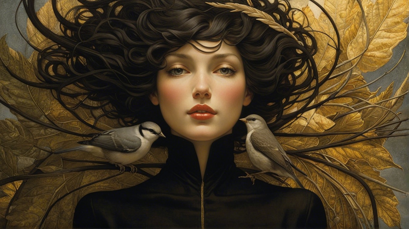 Serene Woman with Dark Hair and Nature Elements