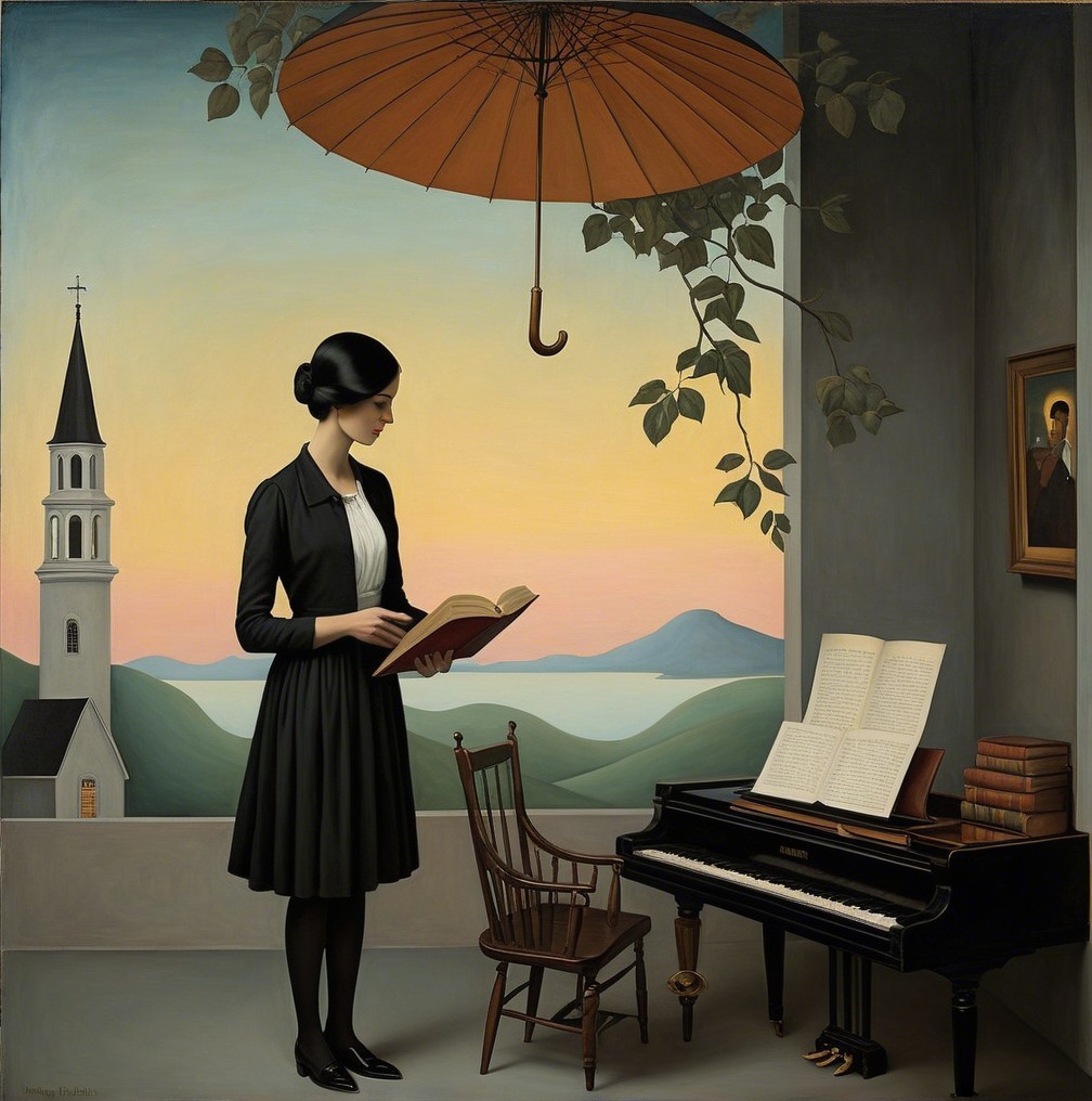 Woman in Black Dress Reading Under Umbrella Indoors