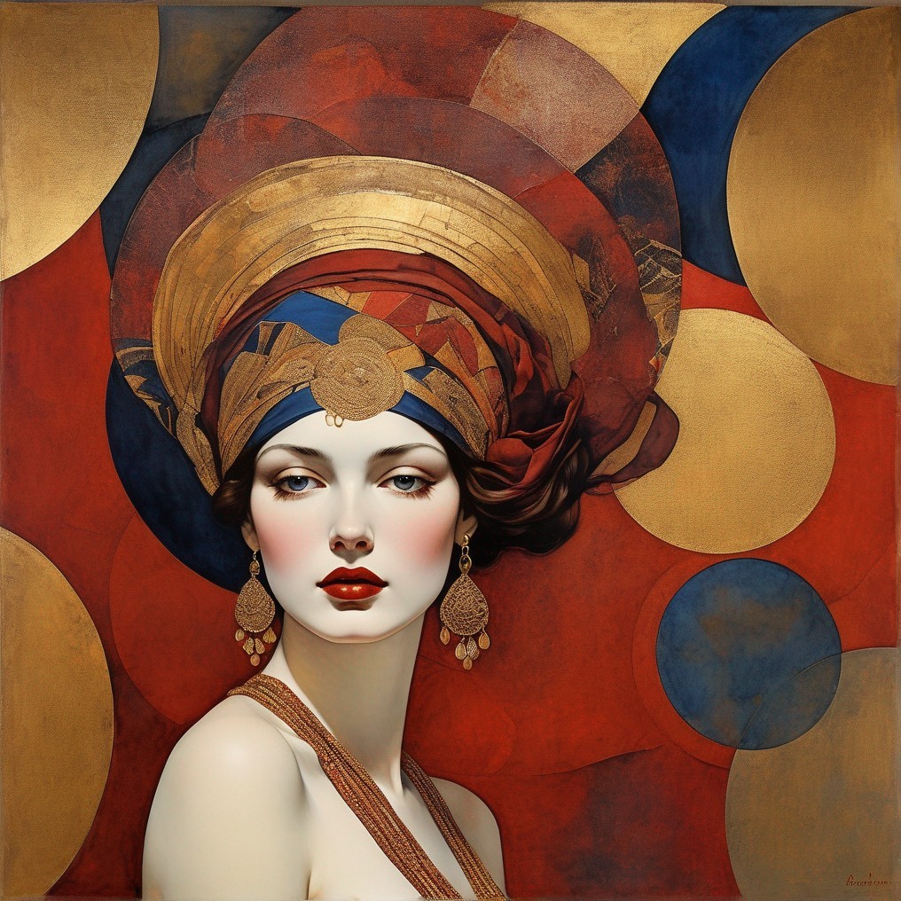 Vivid Portrait of a Woman with Geometric Headdress