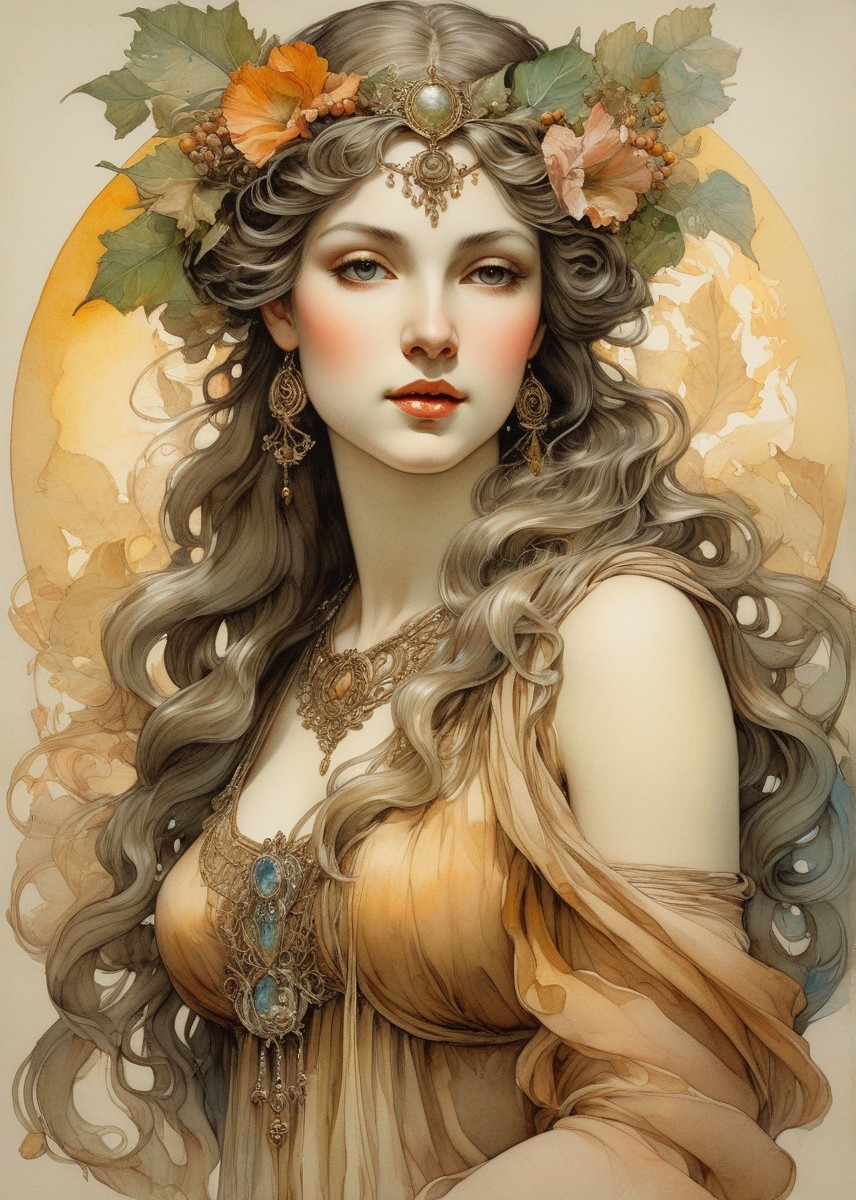 Woman with Flowing Hair Adorned with Autumn Leaves and Jewelry