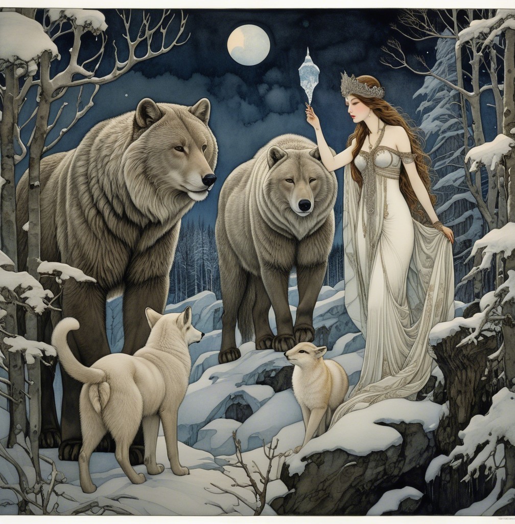 Mystical Woman with Bears and Wolves in Snowy Landscape