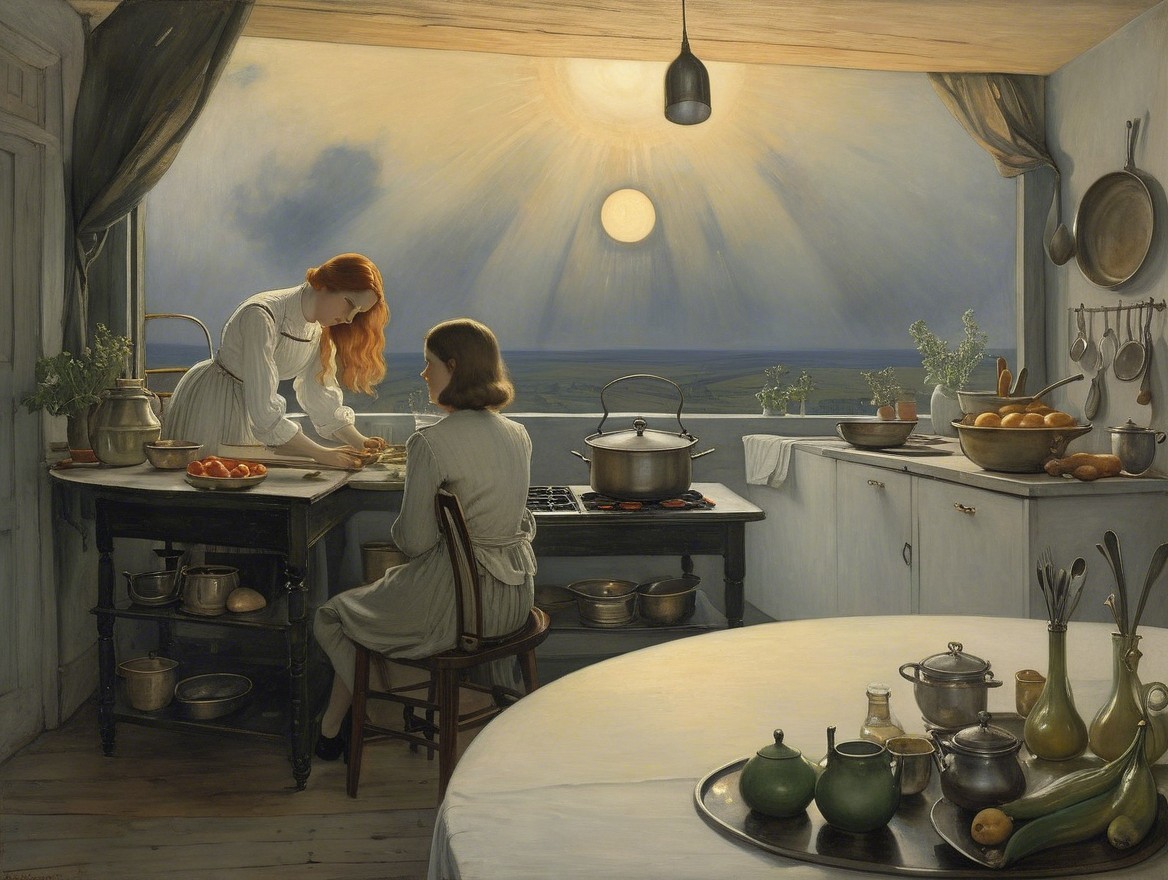 Serene Kitchen Scene with Women Cooking Together