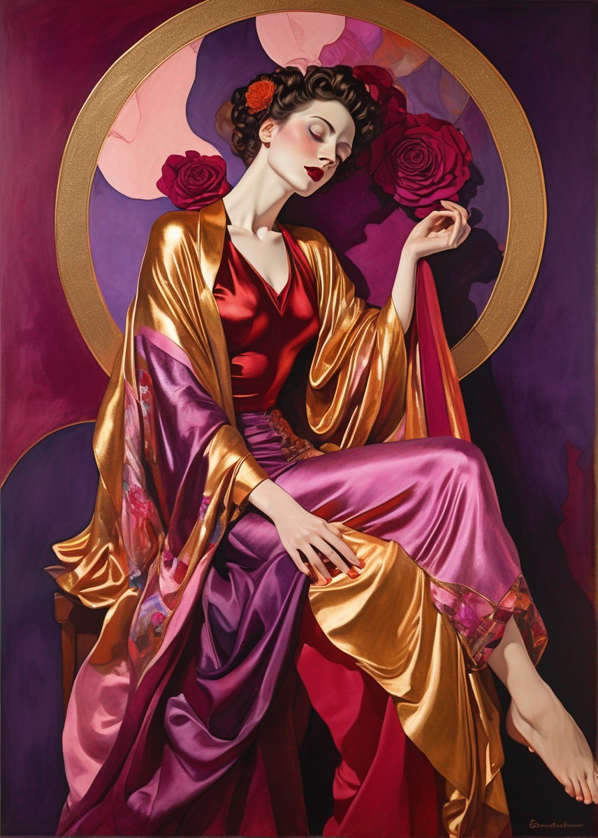Stylized painting of woman in red and gold robe with halo and roses